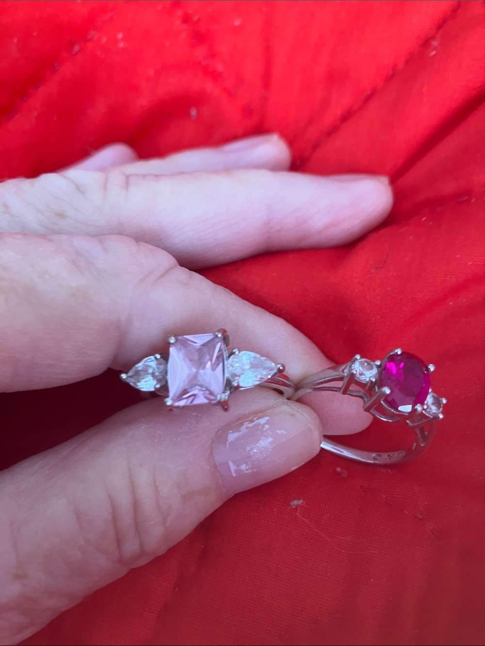 Sterling Silver Pink and Ruby-Tone Gemstone Ring Set